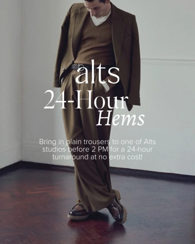Looking to get your pants hemmed in a quick turnaround? Alts now offers 24-hour pant hems! 👖 Bring in plain pants before 2 pm and receive them back within 24 hours at no additional cost!