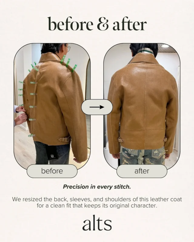 Resizing leather takes a well-formed plan and a lot of talent! Jimmy in Hoboken altered this coat to sit perfectly on the shoulders, arms, and back, while preserving every unique detail that made the piece special. Precision in every stitch! 🪡✨️

#leatheralterations #alterations #tailoring #sustainablefashion