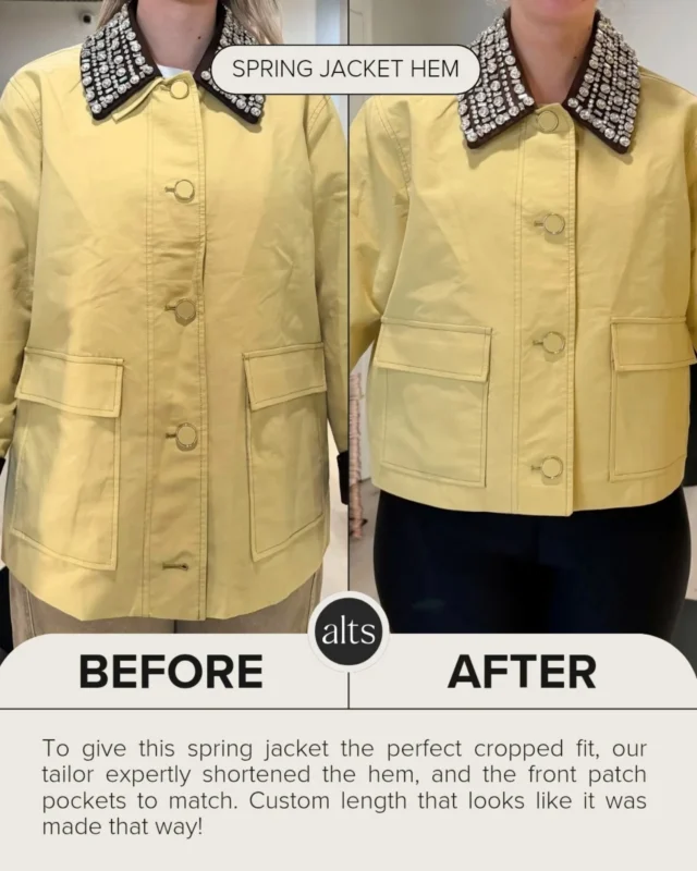 Cropping a jacket isn't always as simple as a hem! To keep the proportions looking completely natural on this spring coat, our tailor scaled down the patch pockets to match the new length. 

We love the new length, and retained functionality of this fun piece! Have a garment in your closet that needs adjustments? Bring it in for a complimentary consultation! 🪡✨

 #JacketAlterations #Tailoring #SpringWardrobe #CroppedJacket #beforeandafter